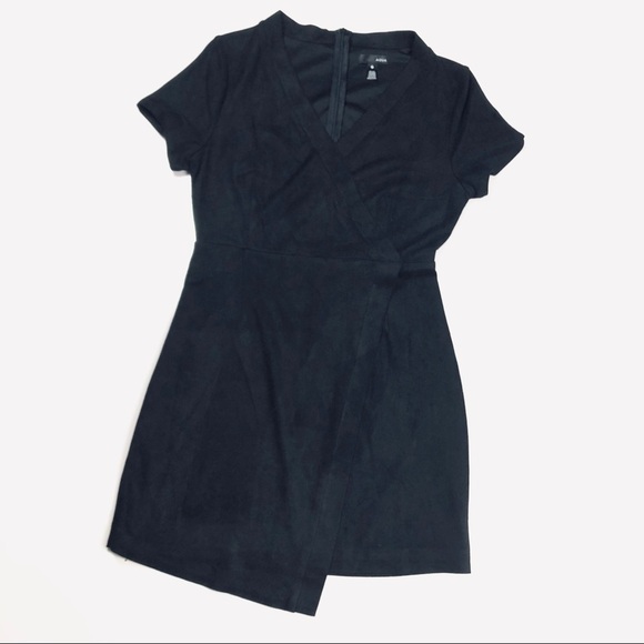 Aqua Faux Suede Asymmetric Faux Wrap Black Dress Medium - Picture 2 of 6
